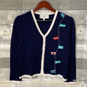VINTAGE ST. JOHN SPORT MARIE GRAY FLAG EMBROIDERED CARDIGAN BLUE WOMEN’S SMALL